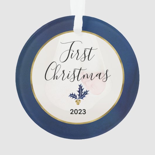 Baby's First Christmas Foto Blue & Gold Ornament (Rückseite)