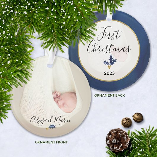 Baby's First Christmas Foto Blue & Gold Ornament