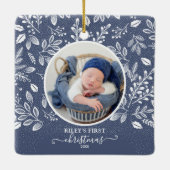 Baby's First Christmas Foto Blue Keramikornament (Rückseite)