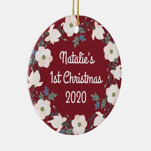 Baby's First Christmas Foto Blumenreath Keramik Ornament (Rechts)