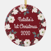 Baby's First Christmas Foto Blumenreath Keramik Ornament (Vorne)