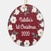 Baby's First Christmas Foto Blumenreath Keramik Ornament (Links)