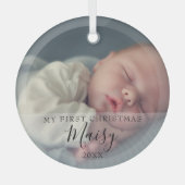 Baby's First Christmas Foto Elegantes Skript Ornament Aus Glas (Vorderseite)