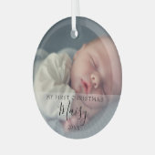 Baby's First Christmas Foto Elegantes Skript Ornament Aus Glas (Vorderseite links)