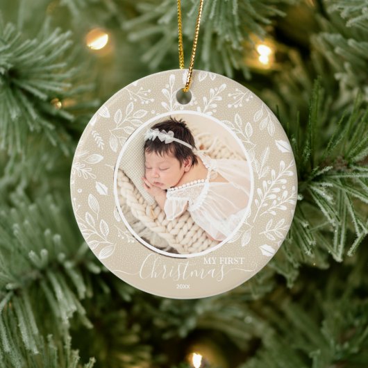 Baby's First Christmas Foto Elfenbein Keramik Ornament (Baum)