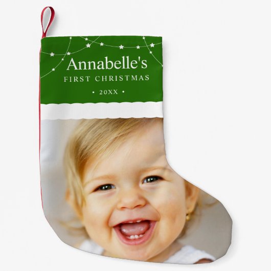 Baby's First Christmas Foto Green Kleiner Weihnachtsstrumpf (Vorderseite)