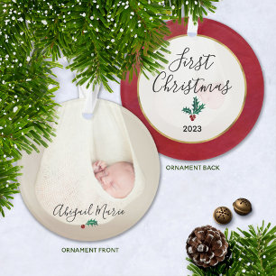 Baby's First Christmas Foto Green & Red Holly Ornament