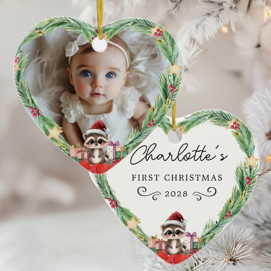 Baby's First Christmas-Foto-Heart-Racoon Keramik Ornament