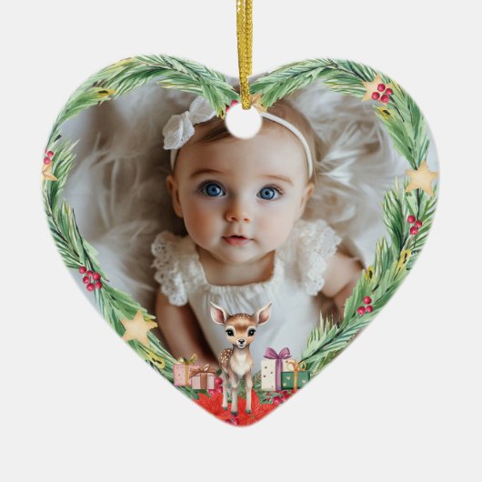 Baby's First Christmas-Foto-Heart-Rentier Keramik Ornament (Vorne)