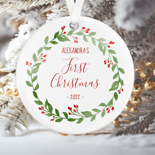 Baby's First Christmas Foto-Kranz roter Text Ornament