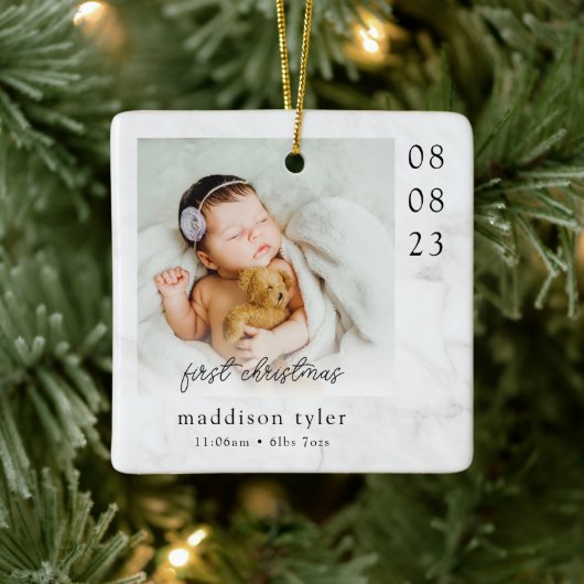 Baby's First Christmas Foto Marmor Keramikornament (Baum)