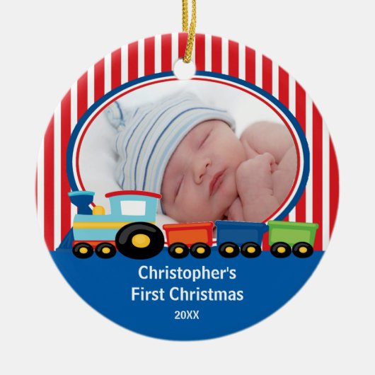 Baby's First Christmas Foto Ornament Train Boy (Vorne)