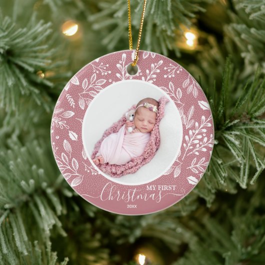 Baby's First Christmas Foto Pink Keramik Ornament (Baum)