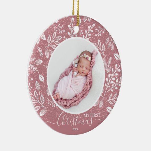 Baby's First Christmas Foto Pink Keramik Ornament (Rechts)