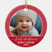 Baby's First Christmas Foto Polka Dot Calligraphie Keramik Ornament (Vorne)