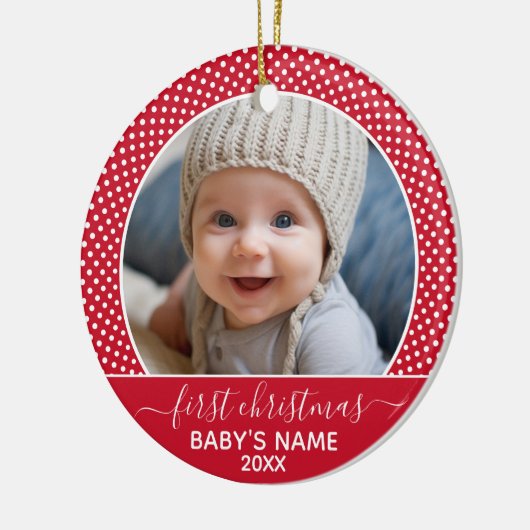 Baby's First Christmas Foto Polka Dot Calligraphie Keramik Ornament (Links)