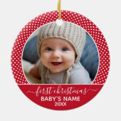 Baby's First Christmas Foto Polka Dot Calligraphie Keramik Ornament (Hinten)