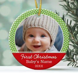 Baby's First Christmas Foto - Red Green Polka dot Keramik Ornament
