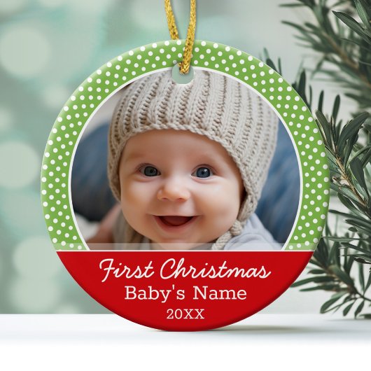 Baby's First Christmas Foto - Red Green Polka dot Keramik Ornament