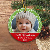 Baby's First Christmas Foto - Red Green Polka dot Keramik Ornament