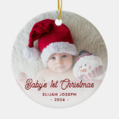 Baby's First Christmas Foto Red Retro Script Keramik Ornament (Vorne)