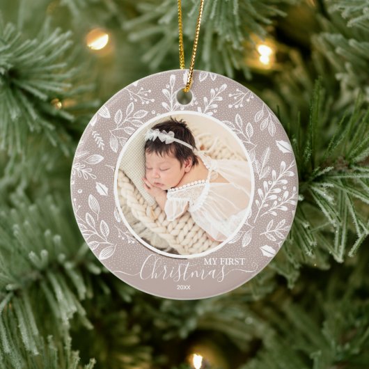 Baby's First Christmas Foto Taupe Keramik Ornament (Baum)