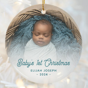 Baby's First Christmas Foto Teal Retro Schrift Keramik Ornament
