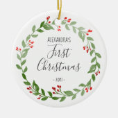 Baby's First Christmas Foto Wreath Gray Keramik Ornament (Vorne)