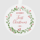 Baby's First Christmas Foto Wreath Red Text Ornament (Vorderseite)