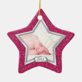 Baby's First Christmas Foto Xmas Silver Pink Star Keramikornament
