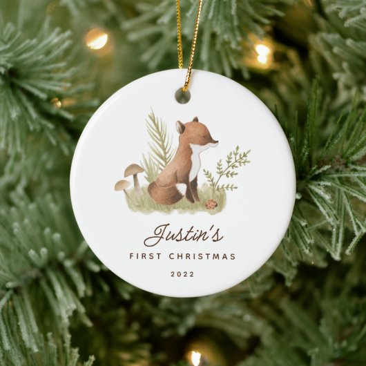 Baby's First Christmas Fox 2 Sided Foto Keramik Ornament (Baum)