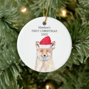 Baby's First Christmas Fox Watercolor Forest Boy Keramik Ornament