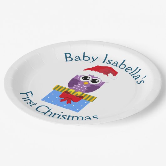 Baby's First Christmas Funny Lila Owl Pappteller (Schrägansicht)