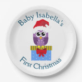 Baby's First Christmas Funny Lila Owl Pappteller (Vorderseite)