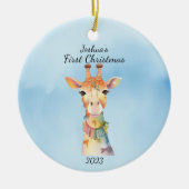 Baby's First Christmas Giraffe Blue Personalisiert Keramik Ornament (Vorne)