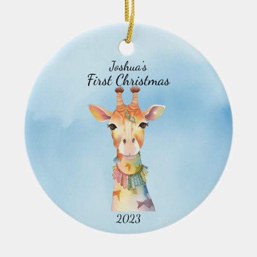 Baby's First Christmas Giraffe Blue Personalisiert Keramik Ornament (Vorne)