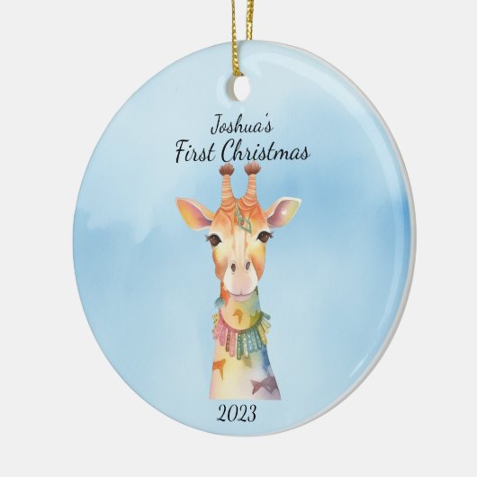 Baby's First Christmas Giraffe Blue Personalisiert Keramik Ornament (Links)
