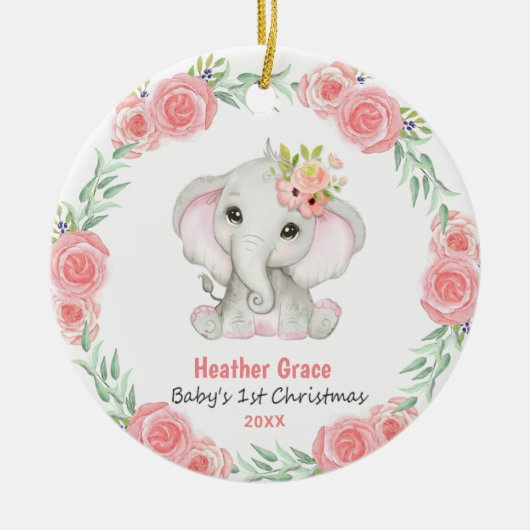 Babys First Christmas Girls Elephant Personalisier Keramik Ornament (Vorne)