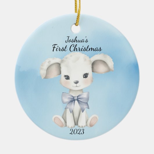 Baby's First Christmas Goat Blue Personalisiert Keramik Ornament (Vorne)