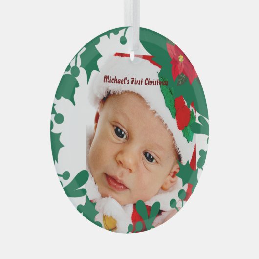 Baby's First Christmas Green Kranz Custom Foto Ornament Aus Glas (Vorderseite Rechts)