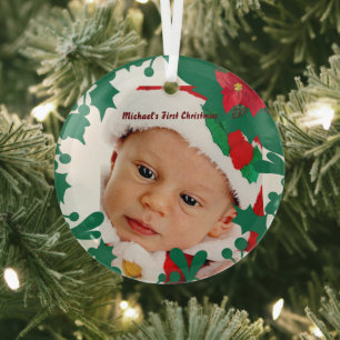 Baby's First Christmas Green Kranz Custom Foto Ornament Aus Glas