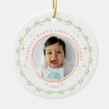 Baby's First Christmas Green Pink Foto Ornament