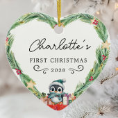 Baby's First Christmas - Heart & Penguin Foto Keramik Ornament