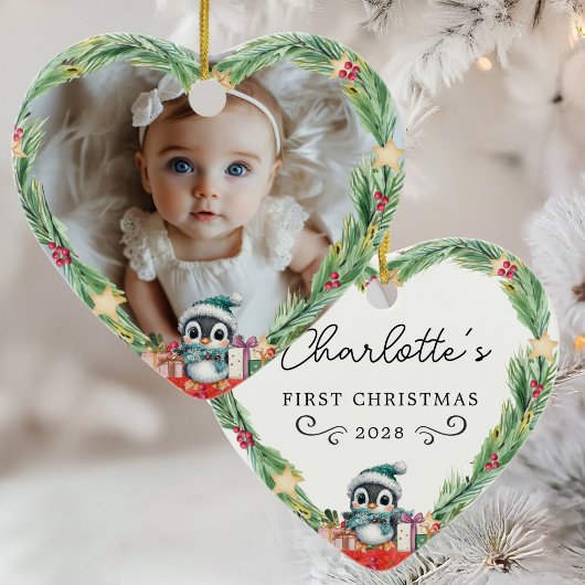 Baby's First Christmas - Heart & Penguin Foto Keramik Ornament