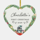 Baby's First Christmas - Heart & Penguin Foto Keramik Ornament (Vorne)