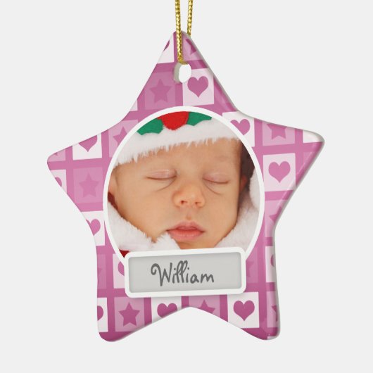 Baby's First Christmas Hearts & Stars Pink Keramikornament (Links)