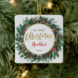 Baby's First Christmas Holly Berries Wreath Foto Keramikornament