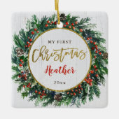 Baby's First Christmas Holly Berries Wreath Foto Keramikornament (Vorderseite)