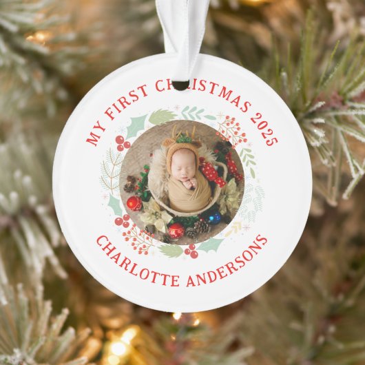 Baby's First Christmas Individuelle Name 2 Foto Ornament (Baum)