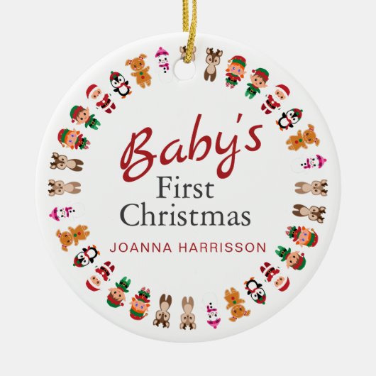 Baby's First Christmas Individuelle Name Foto Keramik Ornament (Vorne)